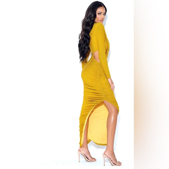 Gold Long Sleeve Metallic Jersey Cutout Dress - Picture 3 of 6